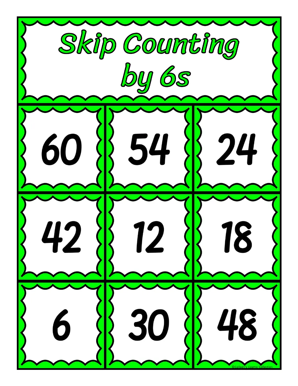 Second of five bingo boards for counting by 6s, featuring 60, 54, 24, 42, 12, 18, 6, 30, and 48 to cover