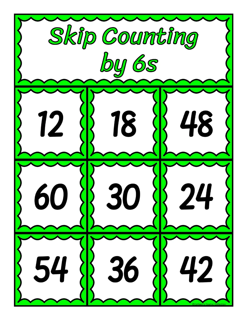Third of five bingo boards for counting by 6s, featuring 12, 18, 48, 60, 30, 24, 54, 36, and 42 to cover