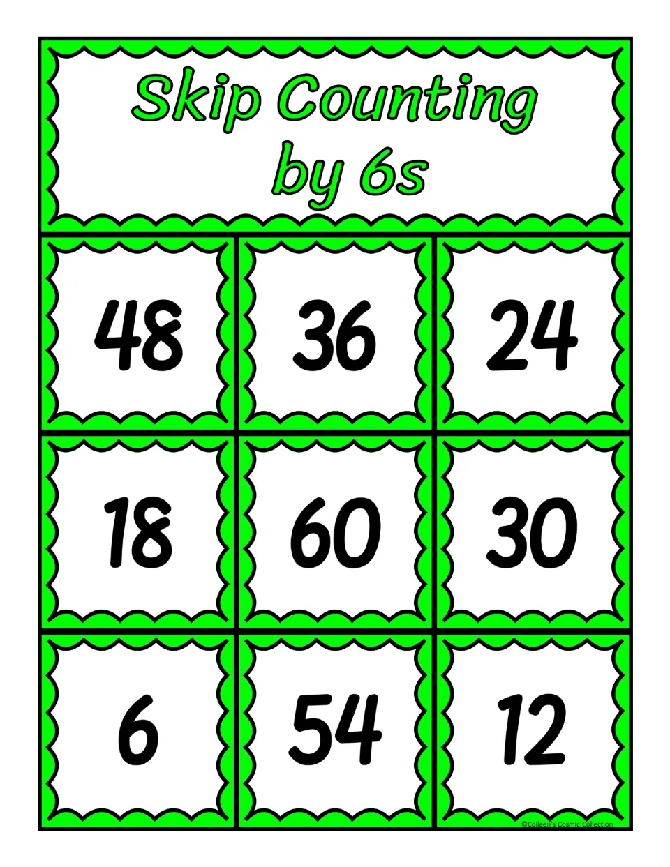 Fourth of five bingo boards for counting by 6s, featuring 48, 36, 24, 18, 60, 30, 6, 54, and 12 to cover