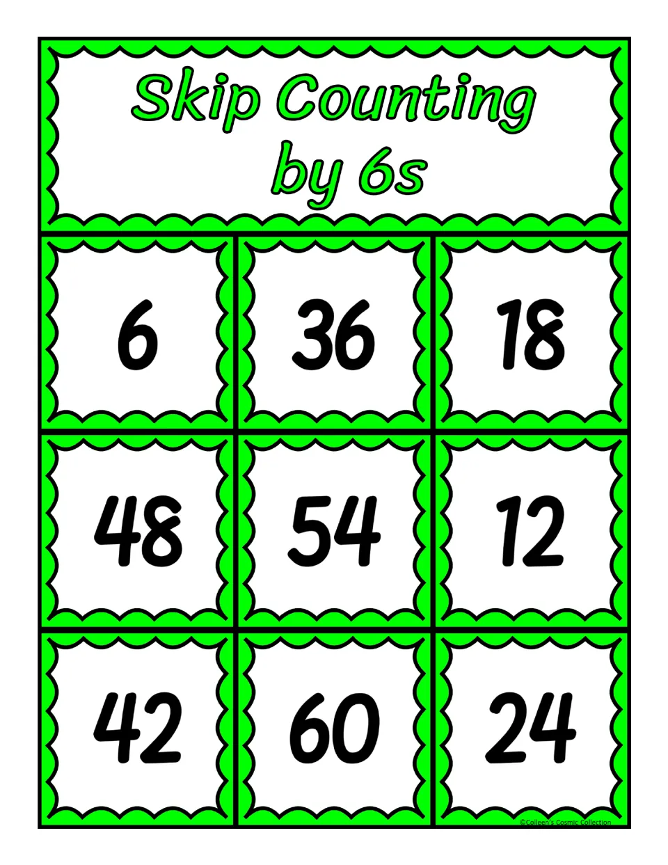 Fifth of five bingo boards for counting by 6s, featuring 6, 36, 18, 48, 54, 12, 42, 60, and 24 to cover
