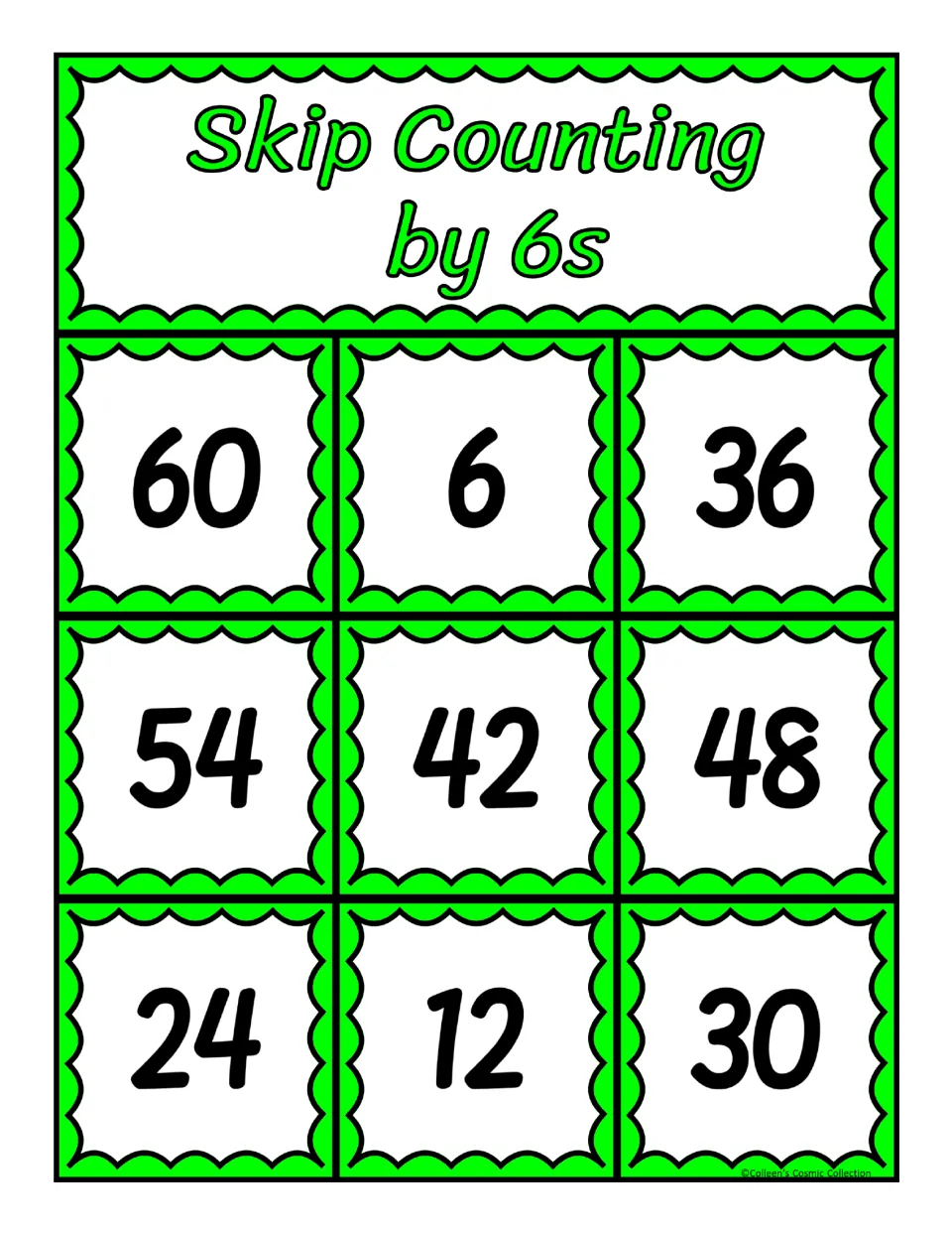 First bingo board in the counting-by-six set, featuring 60, 6, 36, 54, 42, 48, 24, 12, and 30 for matching