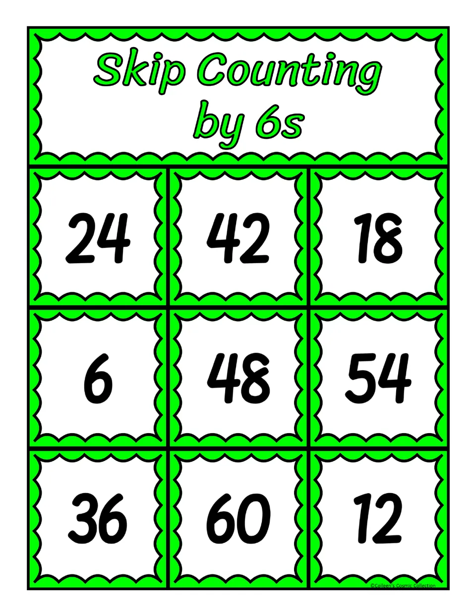 Second bingo board in the counting-by-six set, featuring 24, 42, 18, 6, 48, 54, 36, 60, and 12 for matching