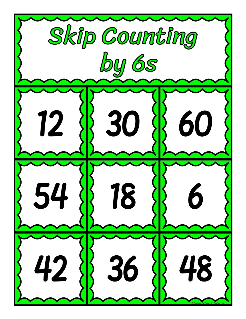 Third bingo board in the counting-by-six set, featuring 12, 30, 60, 54, 18, 6, 42, 36, and 48 for matching