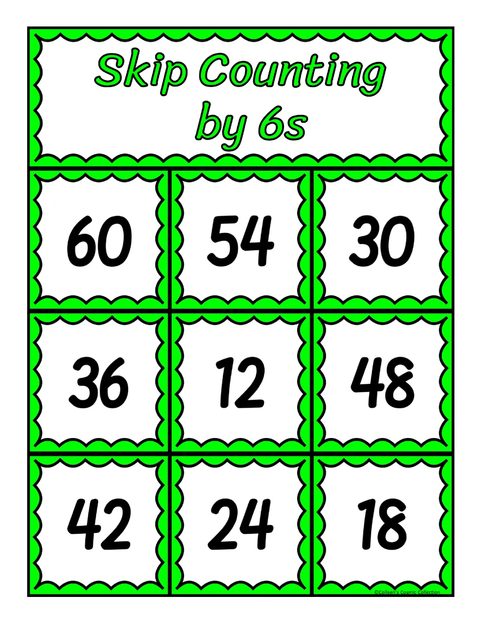 Fourth bingo board in the counting-by-six set, featuring 60, 54, 30, 36, 12, 48, 42, 24, and 18 for matching