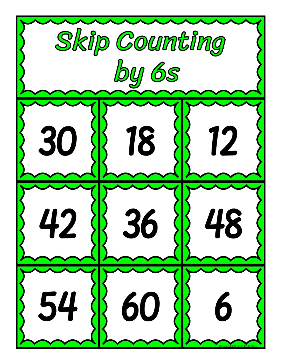 Fifth bingo board in the counting-by-six set, featuring 30, 18, 12, 42, 36, 48, 54, 60, and 6 for matching