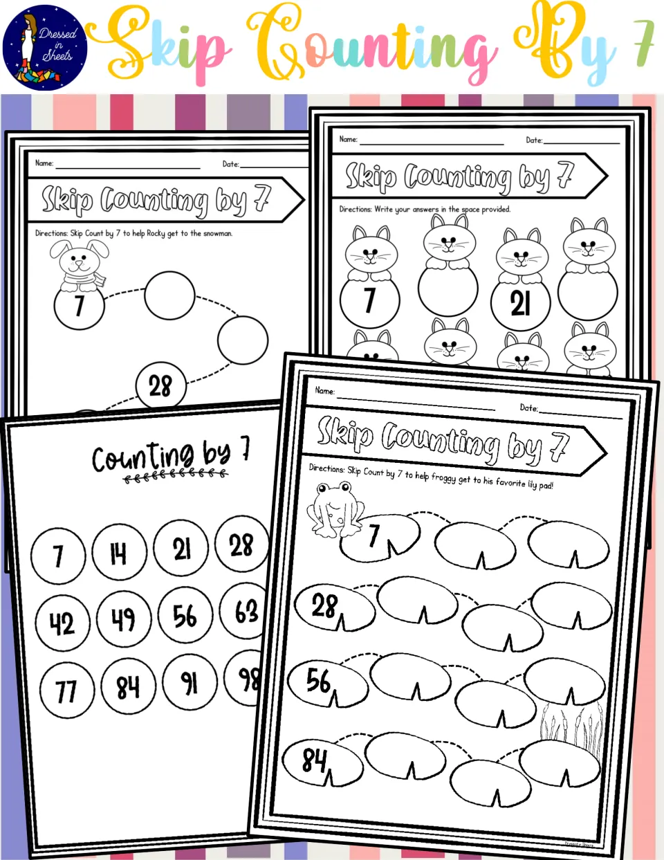 Cover: counting by 7 set previewing a number chart plus bunny, cat and frog paths where students fill in multiples