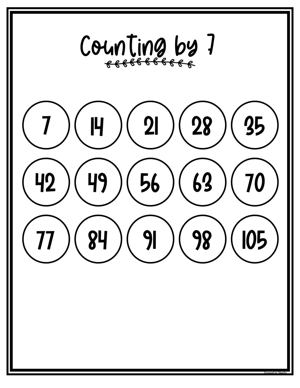 Black-and-white counting by 7 chart showing 7 through 105 in outlined circles, a printer-friendly reference list