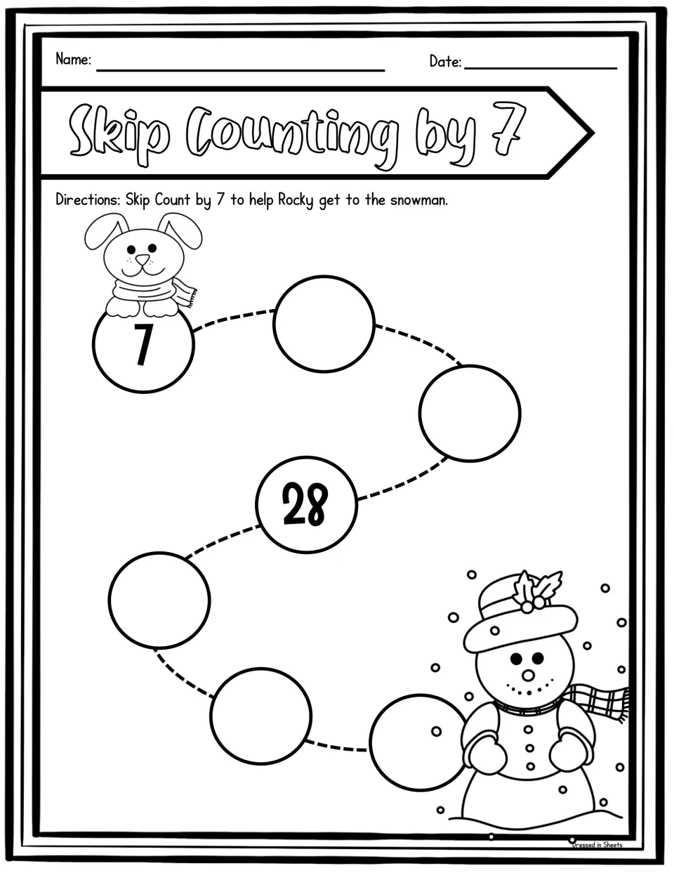 Rocky snowman path: students skip count by 7 from 7 to 49, filling blank circles between given numbers 7 and 28