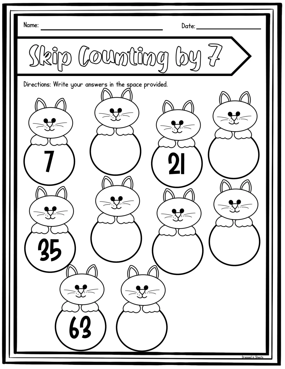 Cat counting page: students write the missing multiples of 7 on ten cats, with 7, 21, 35 and 63 already given