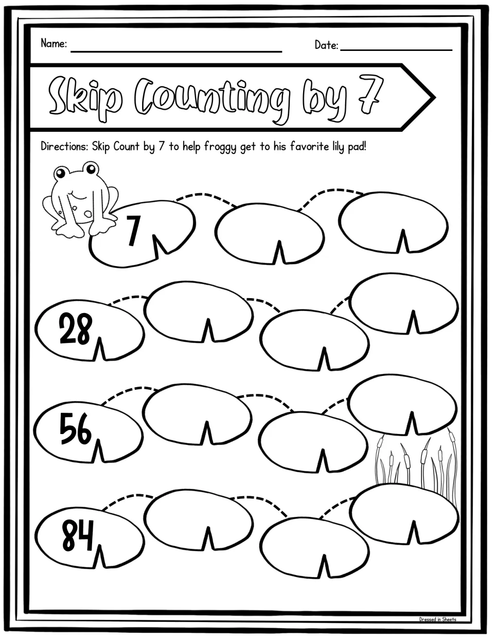 Frog lily pad path: students skip count by 7 across 16 lily pads, with 7, 28, 56 and 84 given at each row start