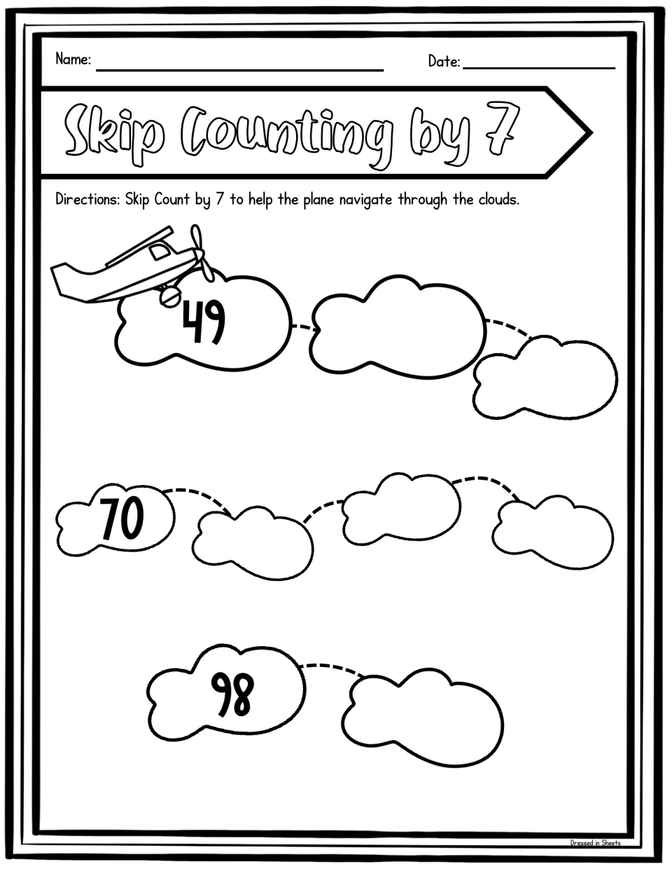 Airplane cloud path: students continue counting by 7 from 49, filling empty clouds after 49, 70 and 98
