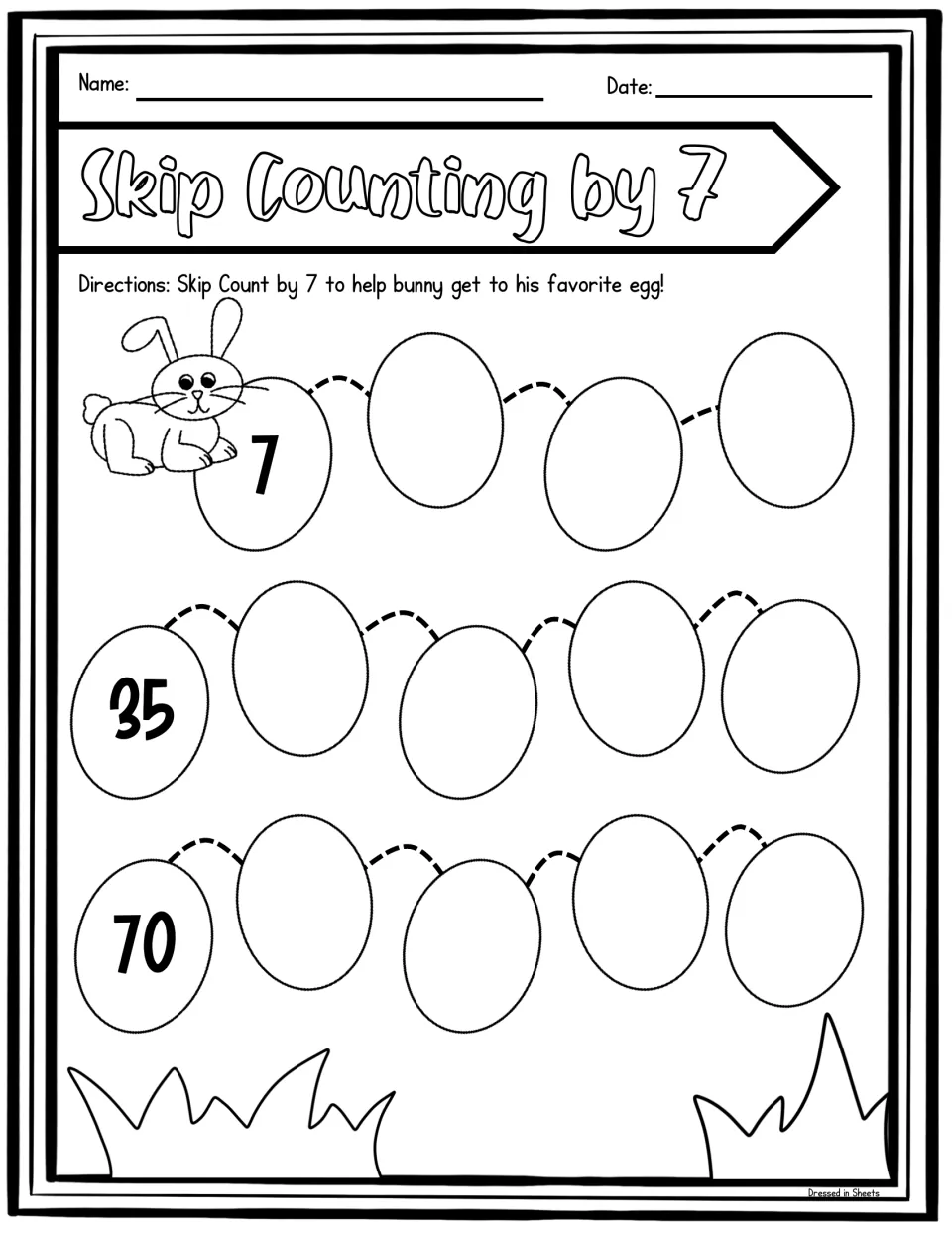 Bunny egg path: students skip count by 7 on 14 eggs, with 7, 35 and 70 given at the start of each row