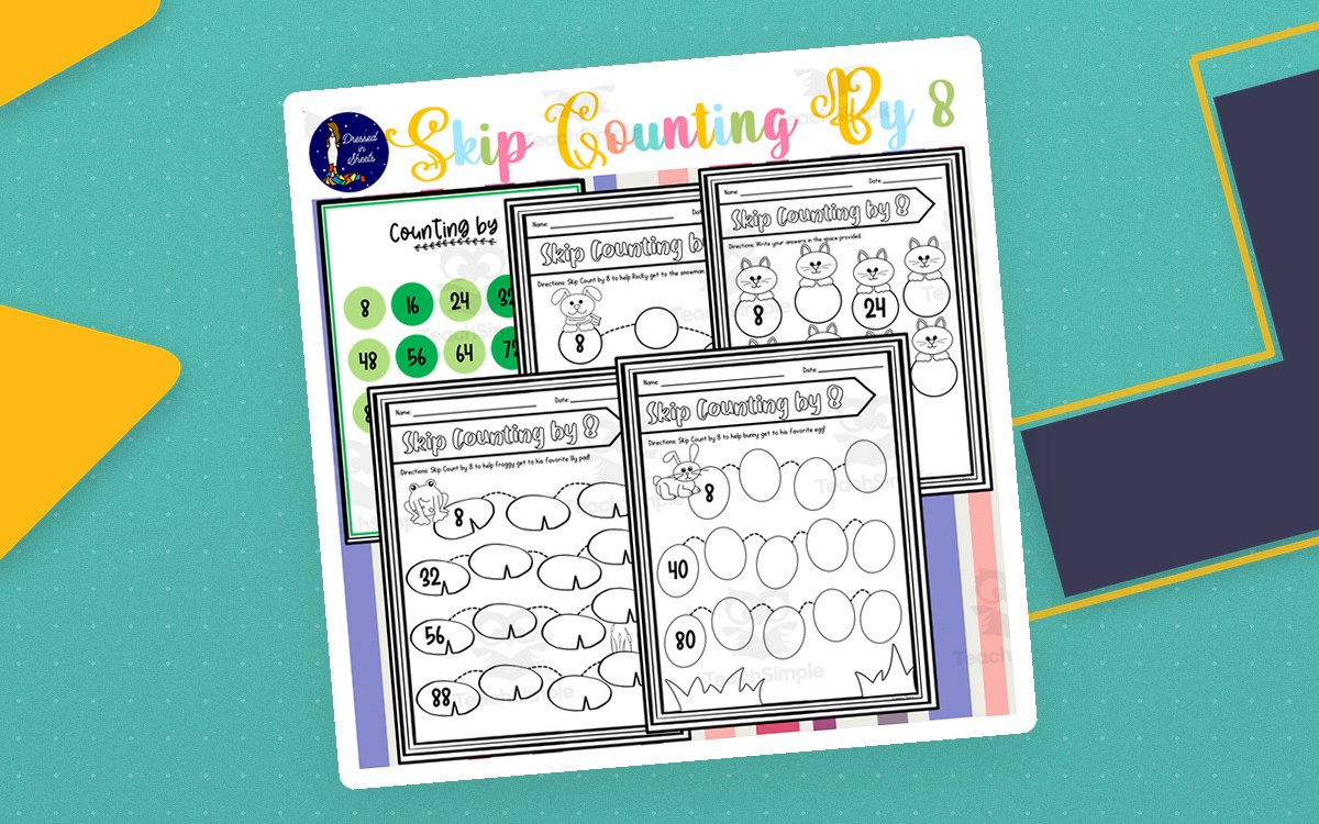 Skip Counting by 8 cover with a green multiples chart and themed path worksheets.