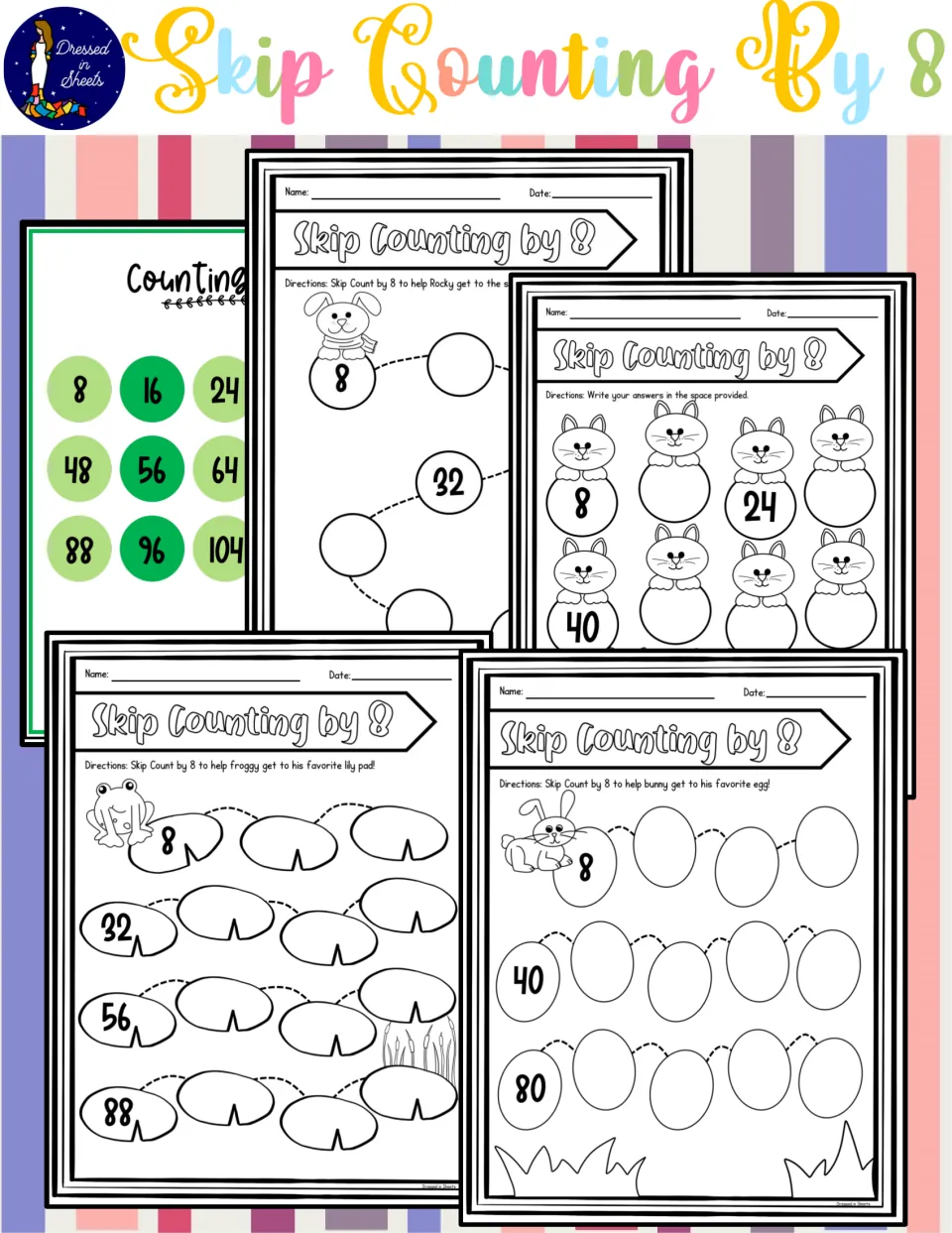 Skip Counting By 8 cover showing a counting chart and skip-count paths with bunny, cat, frog and egg themes