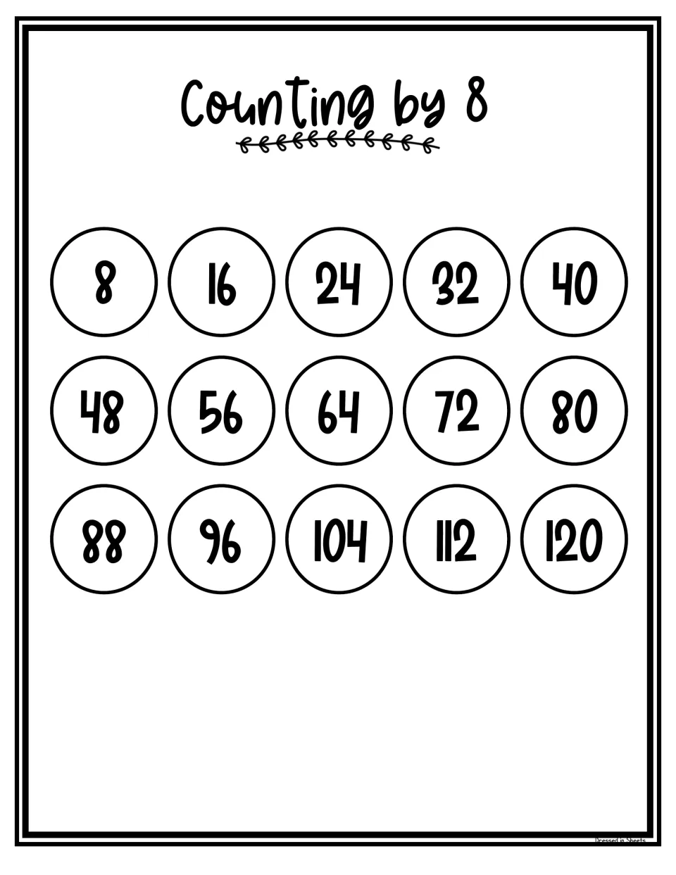 Counting by 8 chart in black-and-white circles showing 8 through 120, a printer-friendly version of the count