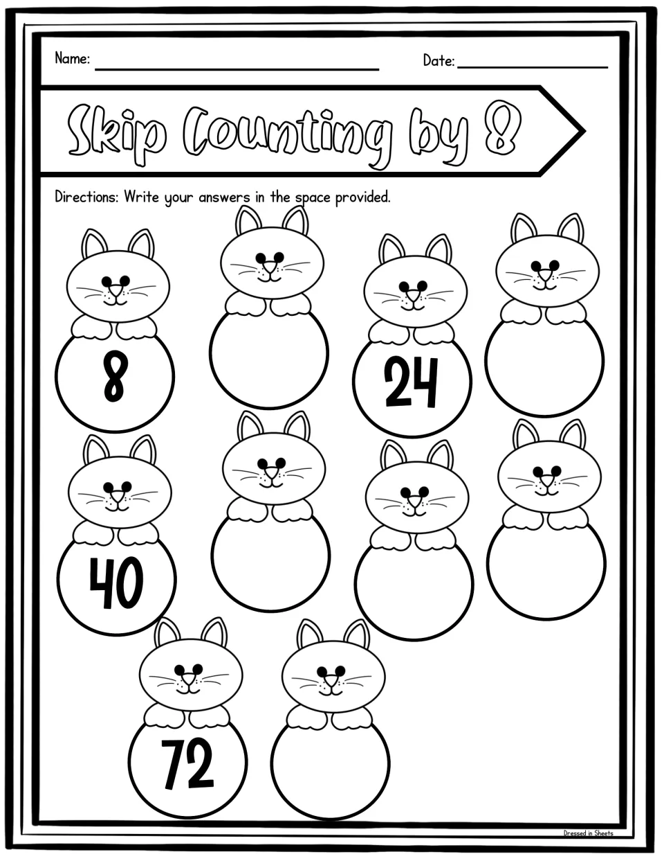 Counting by 8 with cats: students write missing multiples on 10 cat circles, given 8, 24, 40 and 72
