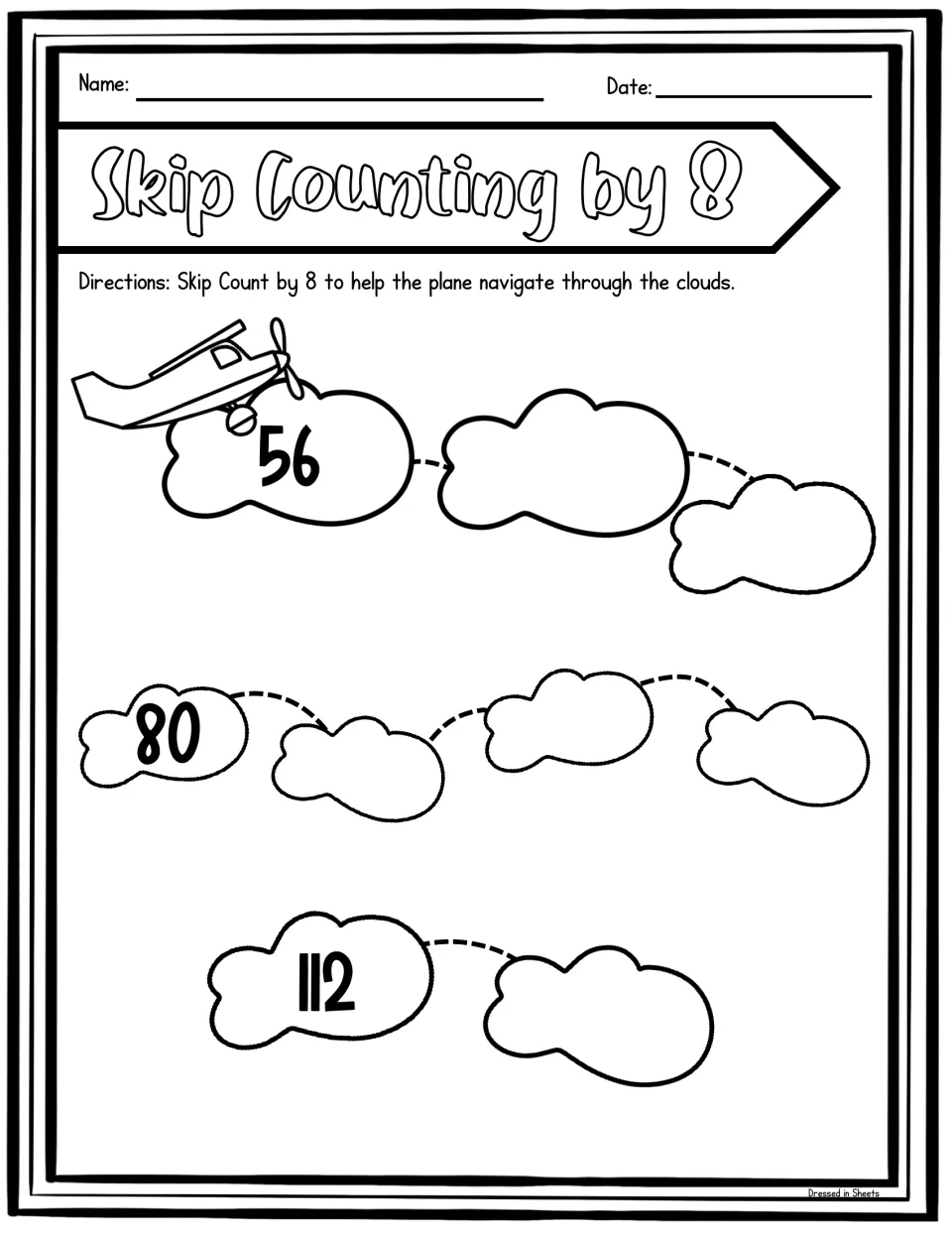 Cloud path for counting by 8: students continue from 56, 80 and 112 to fill blank clouds for the plane