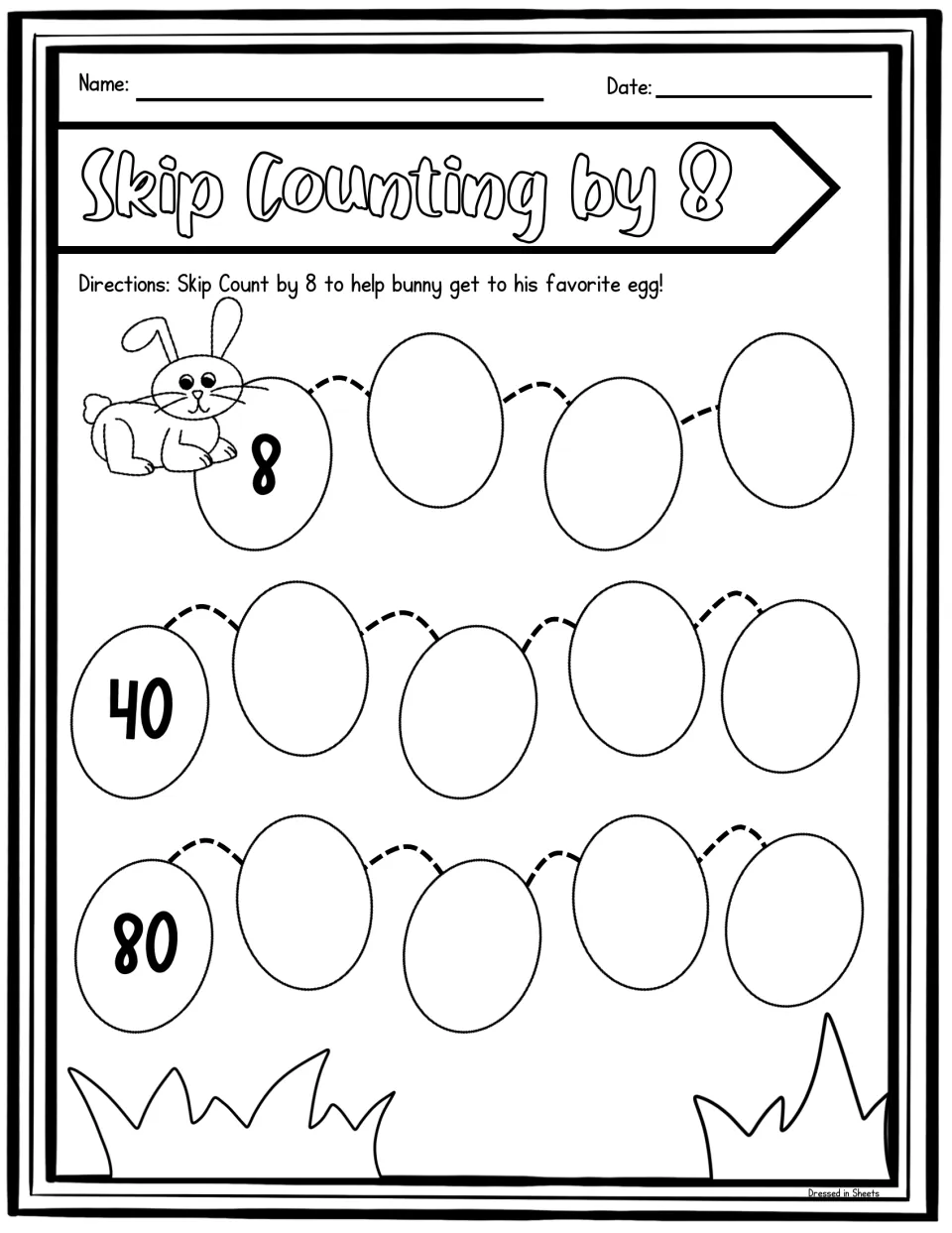 Egg path for counting by 8: students fill blank eggs from 8, with 40 and 80 given, to lead bunny to his egg