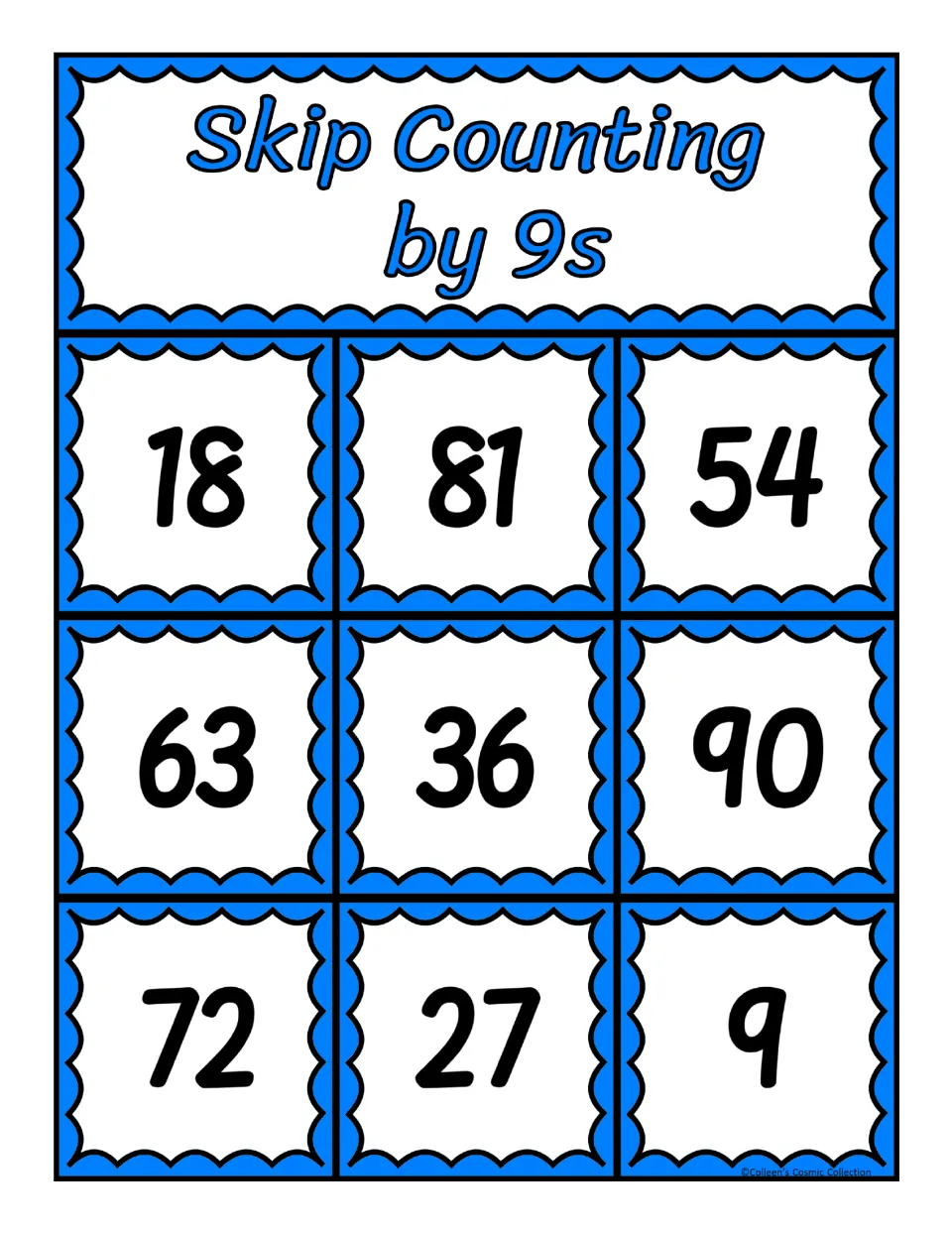 Bingo board 1 for skip counting by 9s: students cover 18, 81, 54, 63, 36, 90, 72, 27 and 9 as sequence cards are called