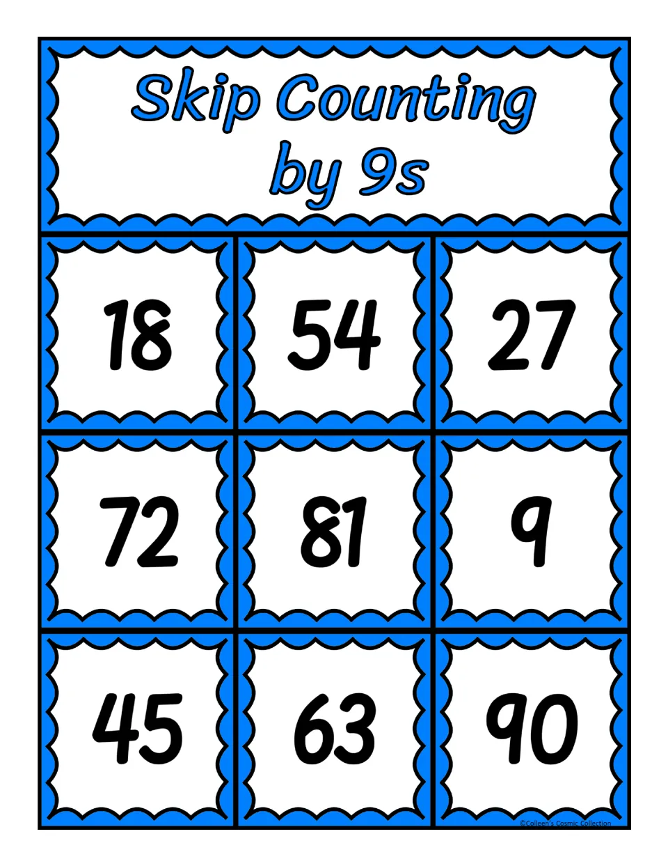 Counting by 9s bingo board 2 with multiples 18, 54, 27, 72, 81, 9, 45, 63 and 90 for students to cover as called