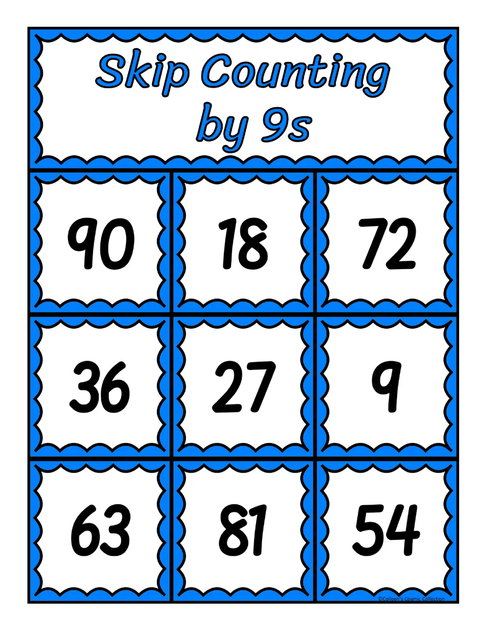 Bingo board 3 for counting by 9s: multiples 90, 18, 72, 36, 27, 9, 63, 81 and 54 that students mark to get three in a row