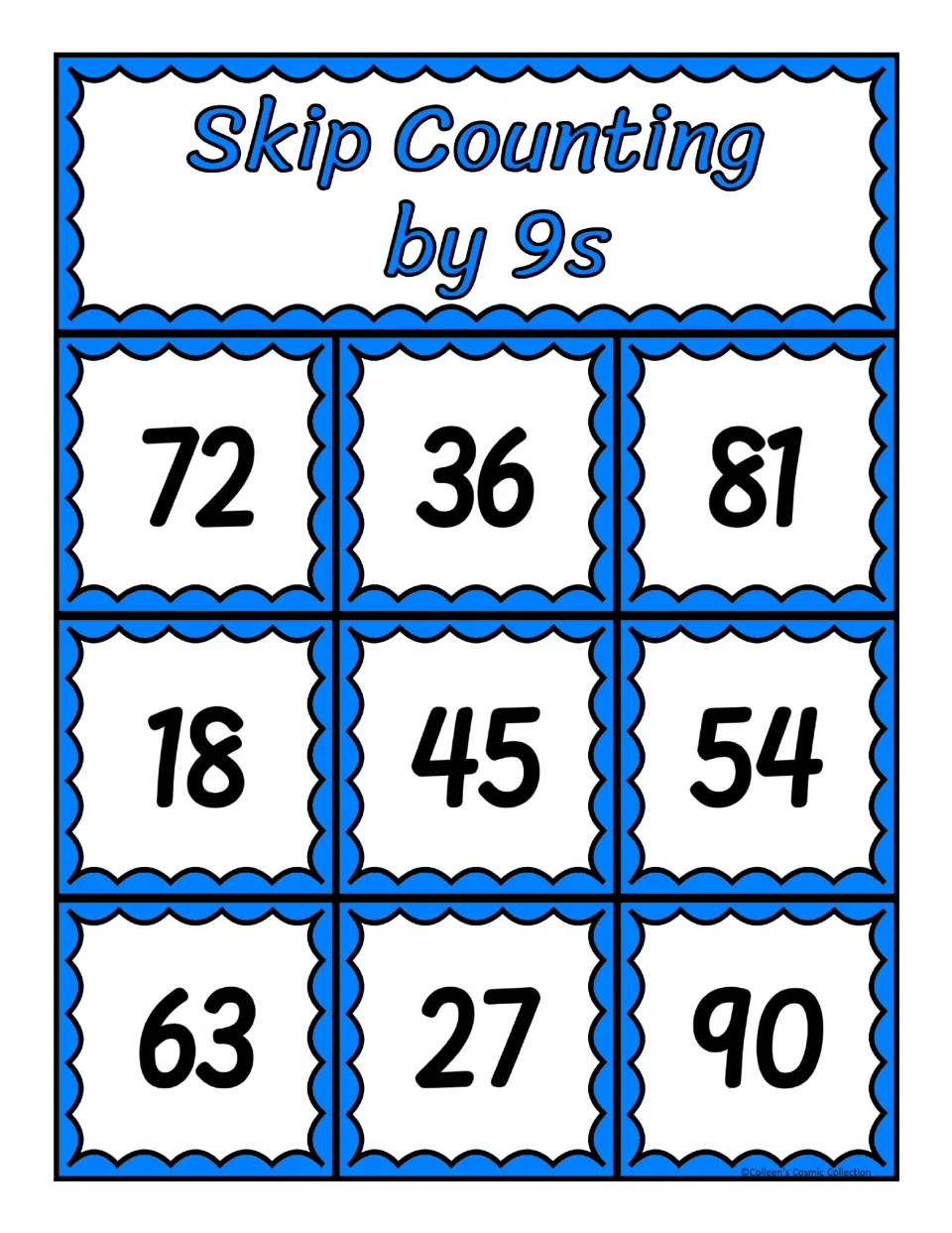 Multiples of 9 bingo board 4: 72, 36, 81, 18, 45, 54, 63, 27 and 90, which students find and cover as each card is read