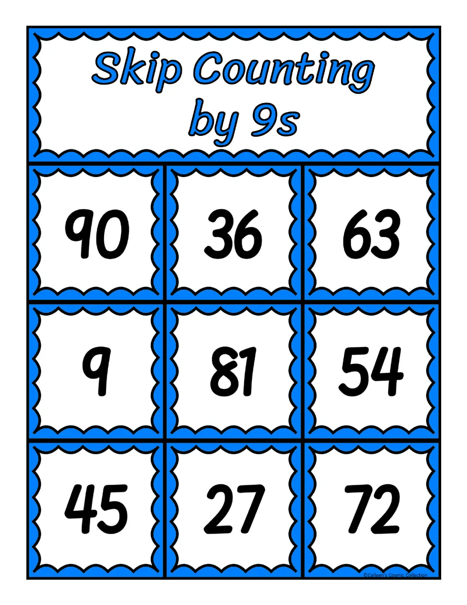 Bingo board 5 practising 9s multiples: 90, 36, 63, 9, 81, 54, 45, 27 and 72 that students cover as numbers are called