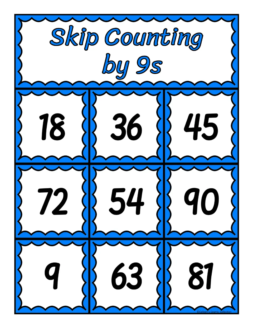 First skip-counting-by-9s bingo board featuring the numbers 18, 36, 45, 72, 54, 90, 9, 63, and 81 for matching