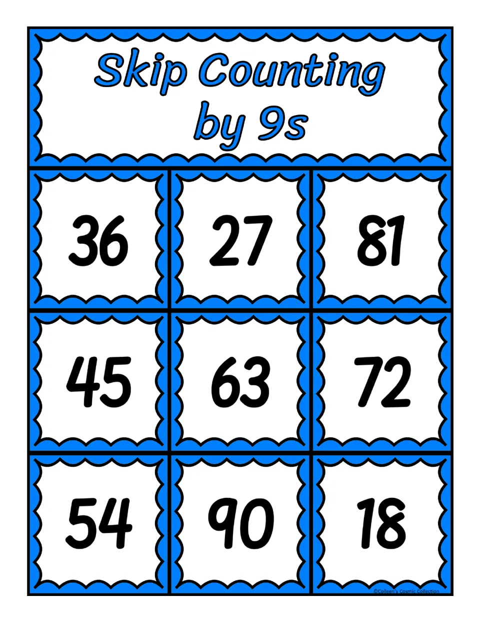 Second skip-counting-by-9s bingo board featuring the numbers 36, 27, 81, 45, 63, 72, 54, 90, and 18 for matching
