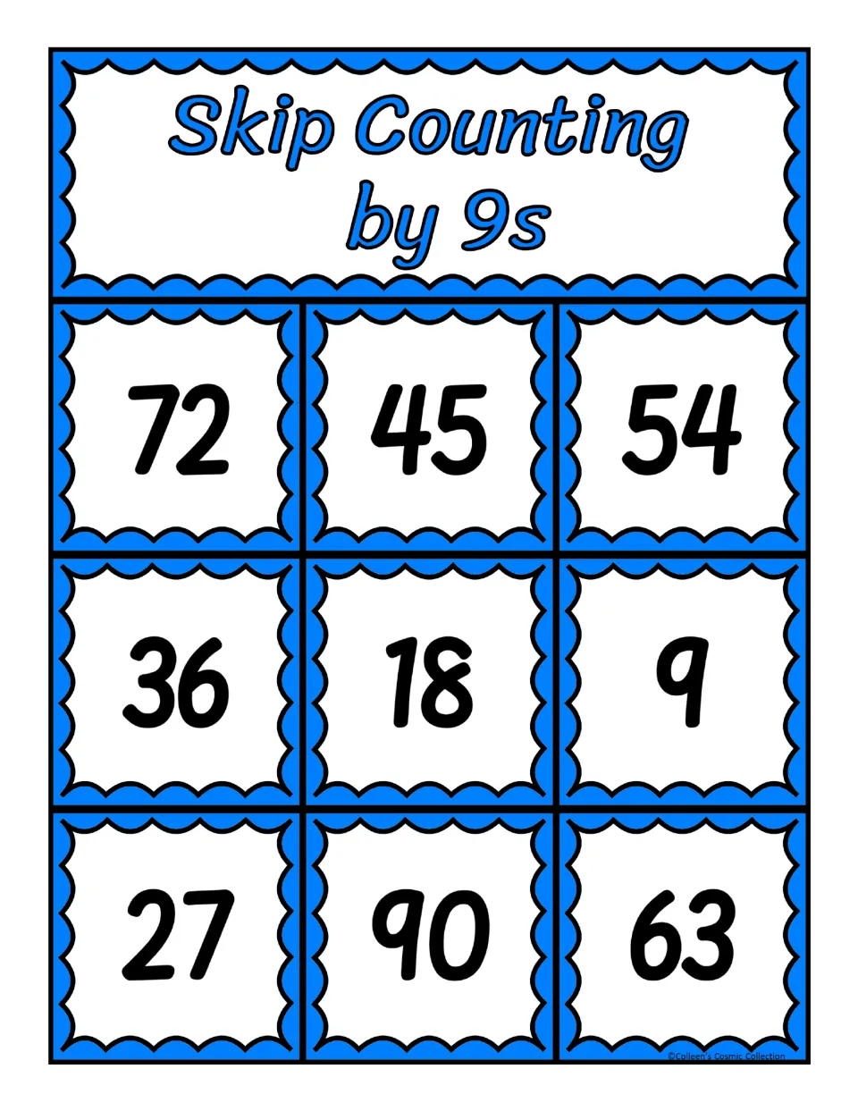 Third skip-counting-by-9s bingo board featuring the numbers 72, 45, 54, 36, 18, 9, 27, 90, and 63 for matching