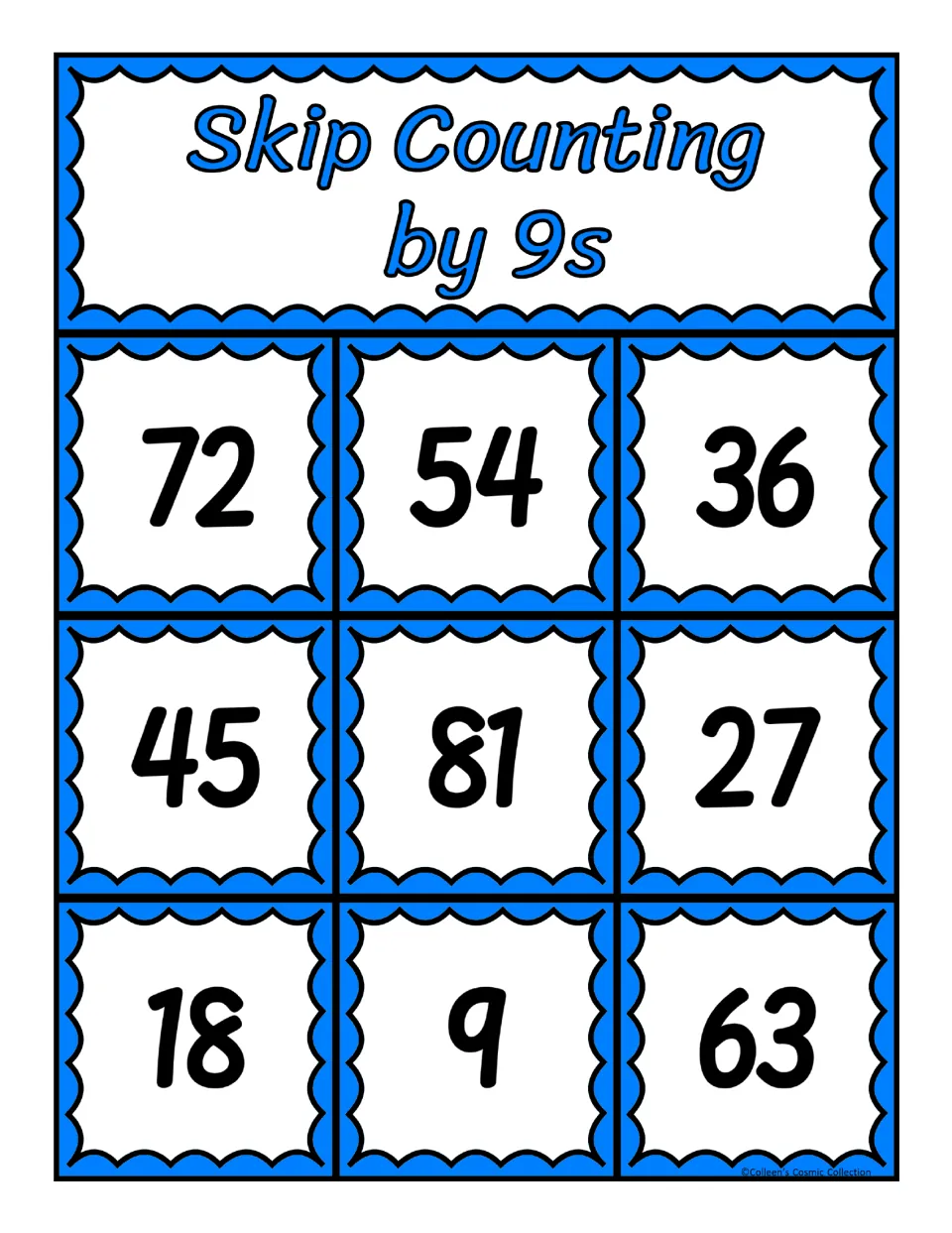 Fourth skip-counting-by-9s bingo board featuring the numbers 72, 54, 36, 45, 81, 27, 18, 9, and 63 for matching