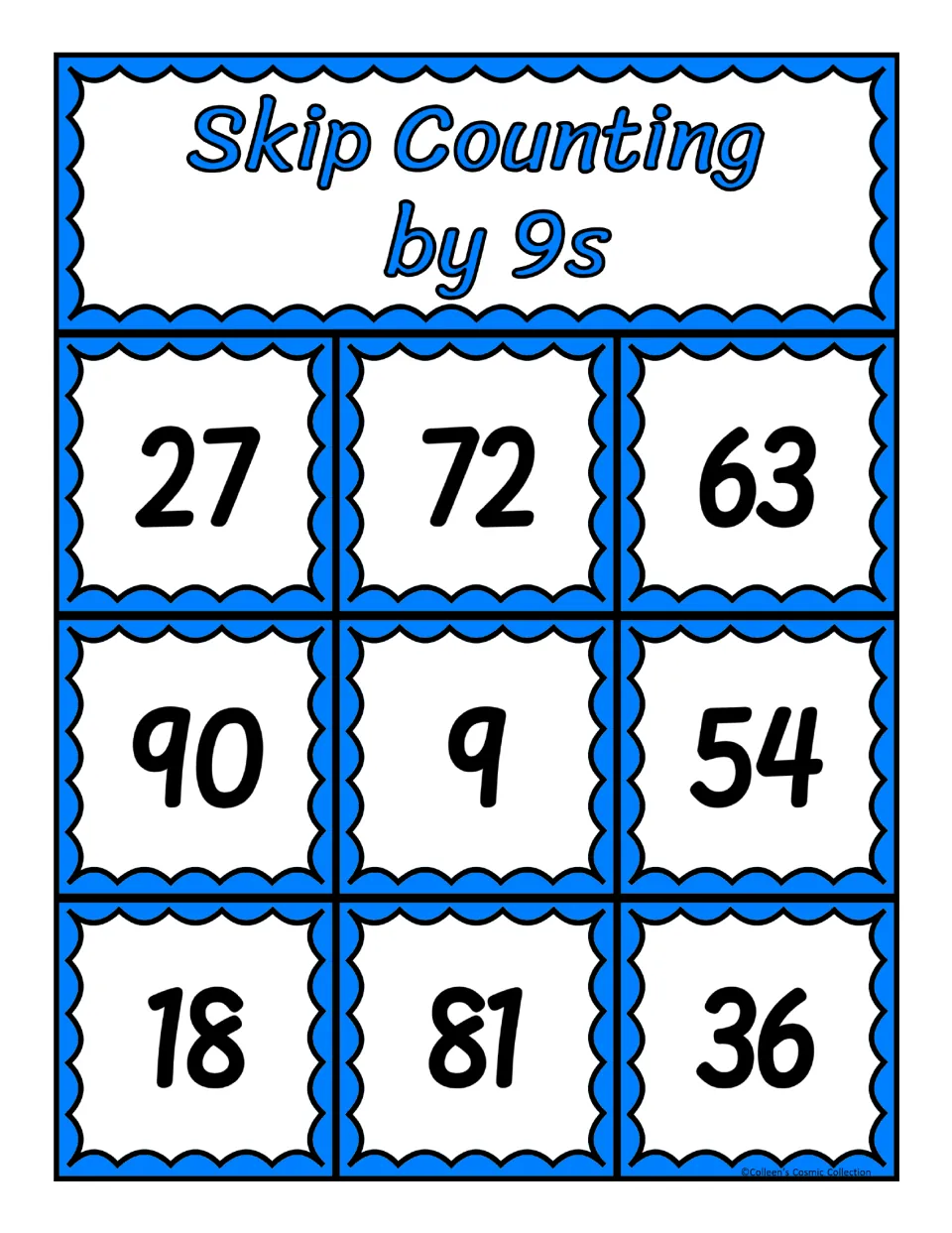 Fifth skip-counting-by-9s bingo board featuring the numbers 27, 72, 63, 90, 9, 54, 18, 81, and 36 for matching