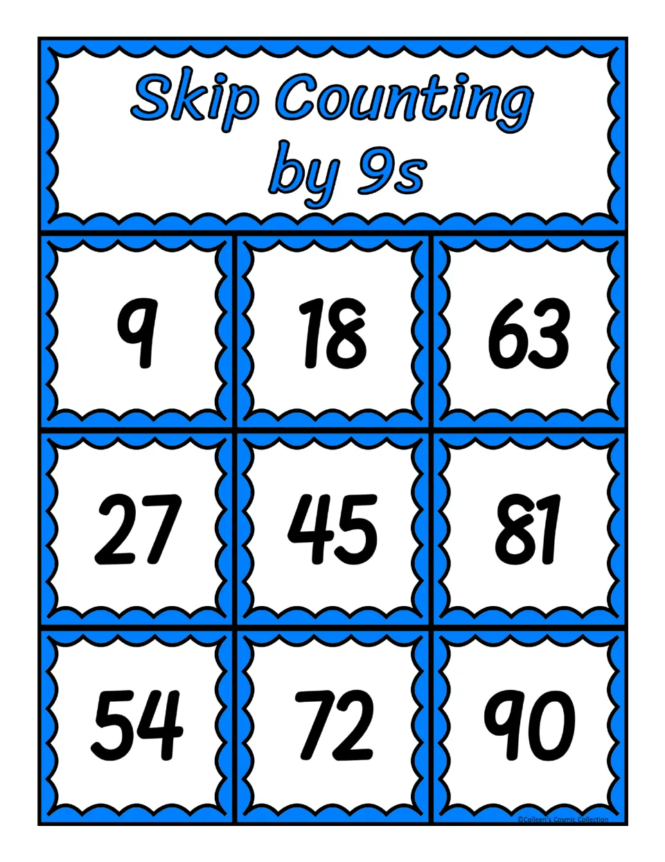 First bingo board for skip counting by 9s, featuring the numbers 9, 18, 63, 27, 45, 81, 54, 72, and 90