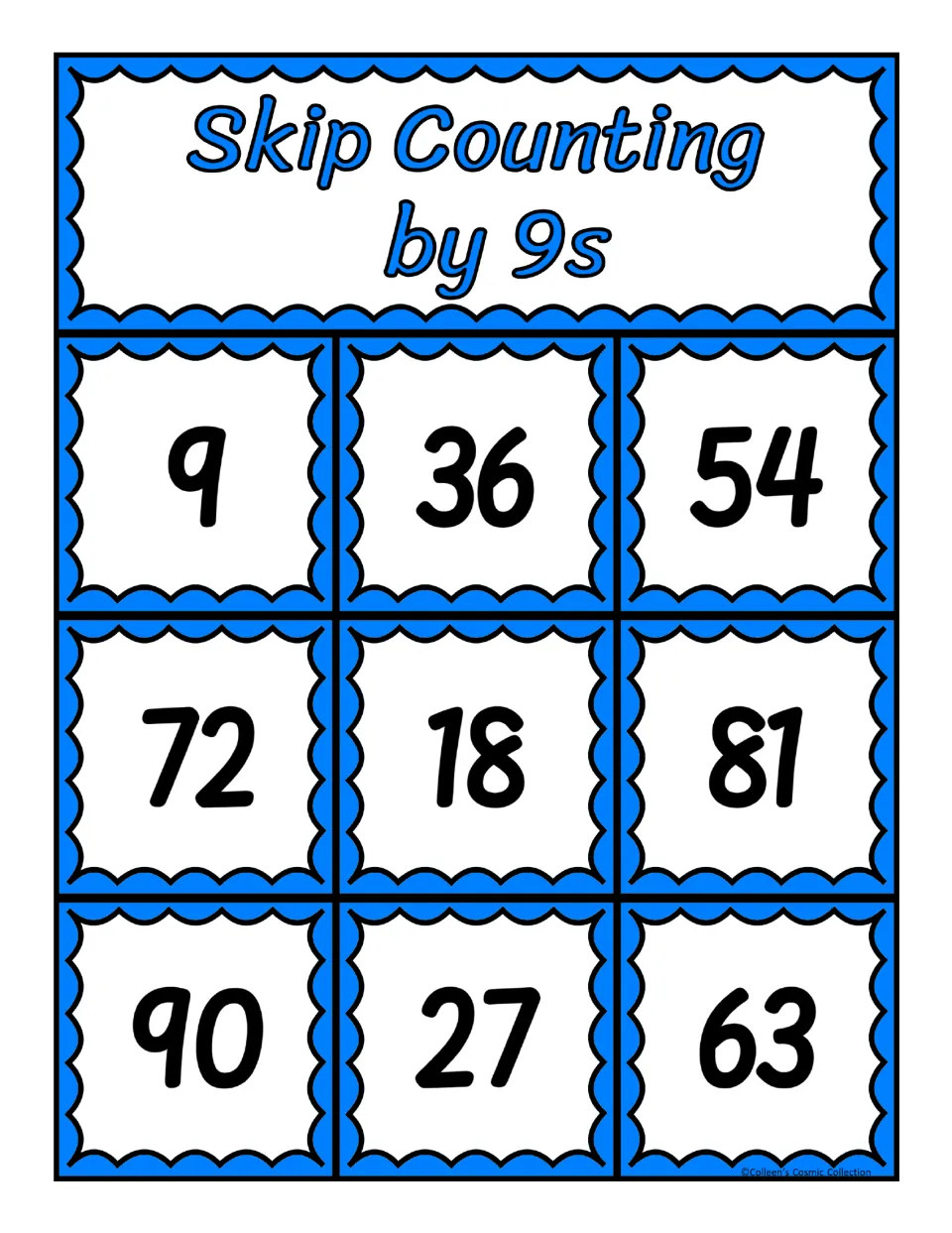 Second bingo board for skip counting by 9s, featuring the numbers 9, 36, 54, 72, 18, 81, 90, 27, and 63