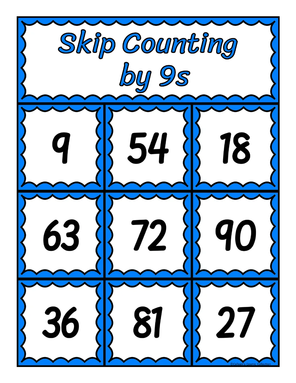 Third bingo board for skip counting by 9s, featuring the numbers 9, 54, 18, 63, 72, 90, 36, 81, and 27