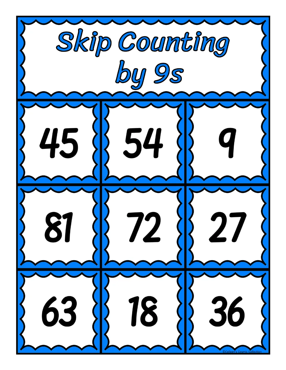 Fourth bingo board for skip counting by 9s, featuring the numbers 45, 54, 9, 81, 72, 27, 63, 18, and 36