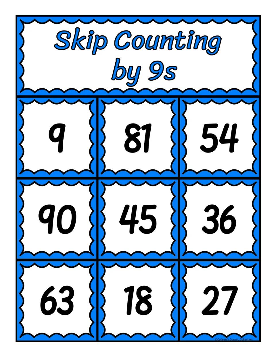 Fifth bingo board for skip counting by 9s, featuring the numbers 9, 81, 54, 90, 45, 36, 63, 18, and 27