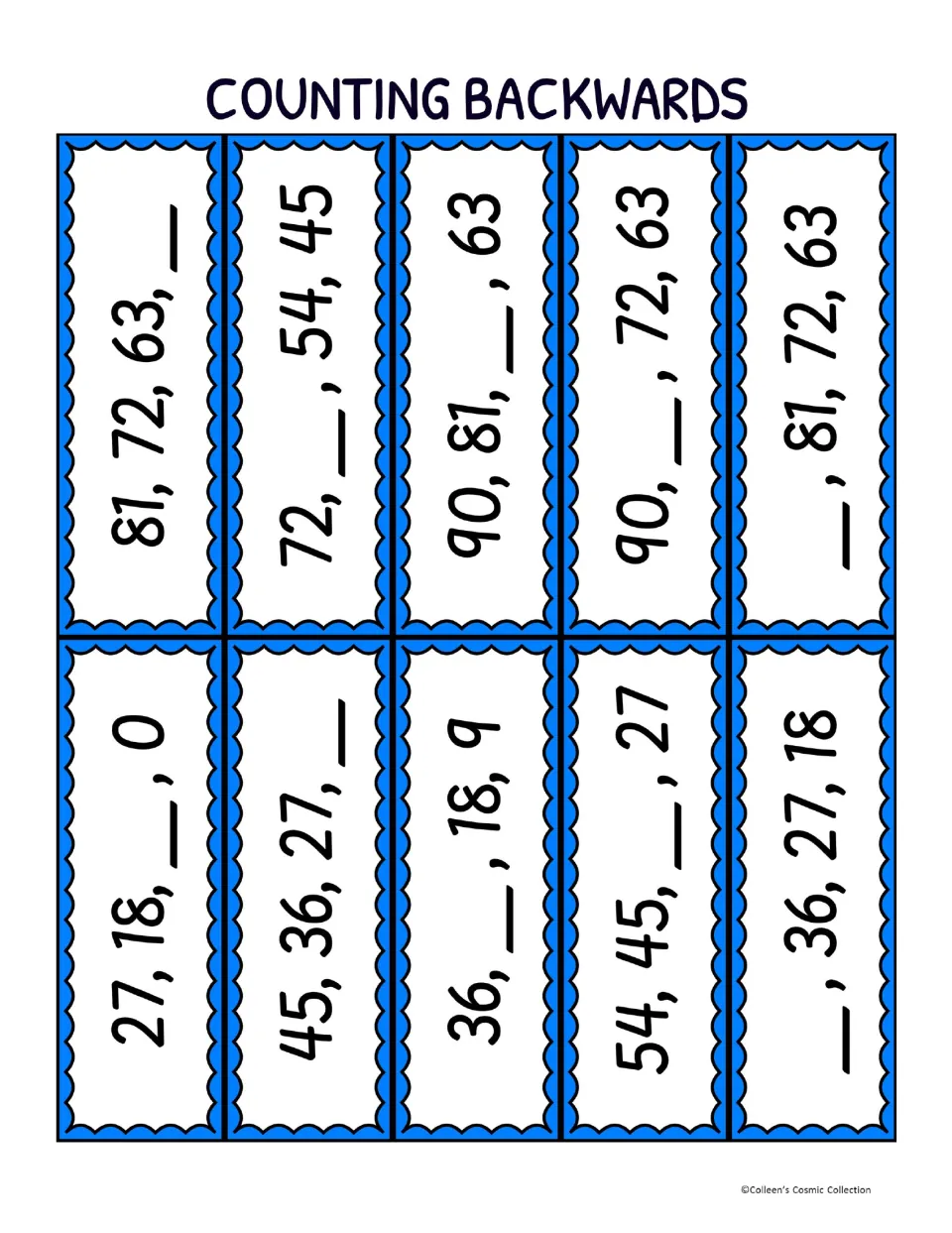 Ten bingo calling cards for counting backward by 9s, with missing-number sequences such as 27, 18, blank, 0