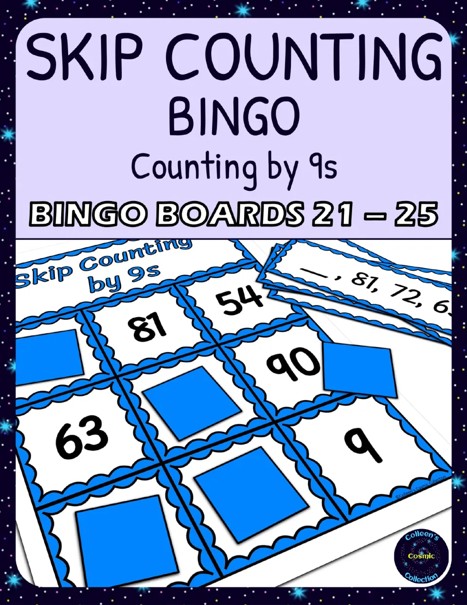 Cover for skip counting by 9s bingo, identifying boards 21–25 and showing a board and calling cards