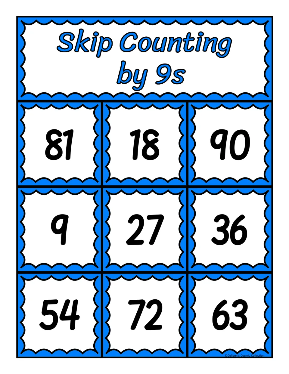 First bingo board for counting by 9s, featuring 81, 18, 90, 9, 27, 36, 54, 72, and 63 for matching calls