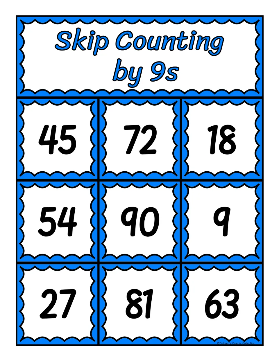 Second bingo board for counting by 9s, featuring 45, 72, 18, 54, 90, 9, 27, 81, and 63 for matching calls