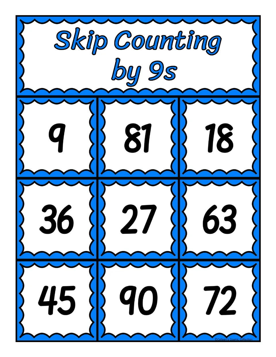 Third bingo board for counting by 9s, featuring 9, 81, 18, 36, 27, 63, 45, 90, and 72 for matching calls