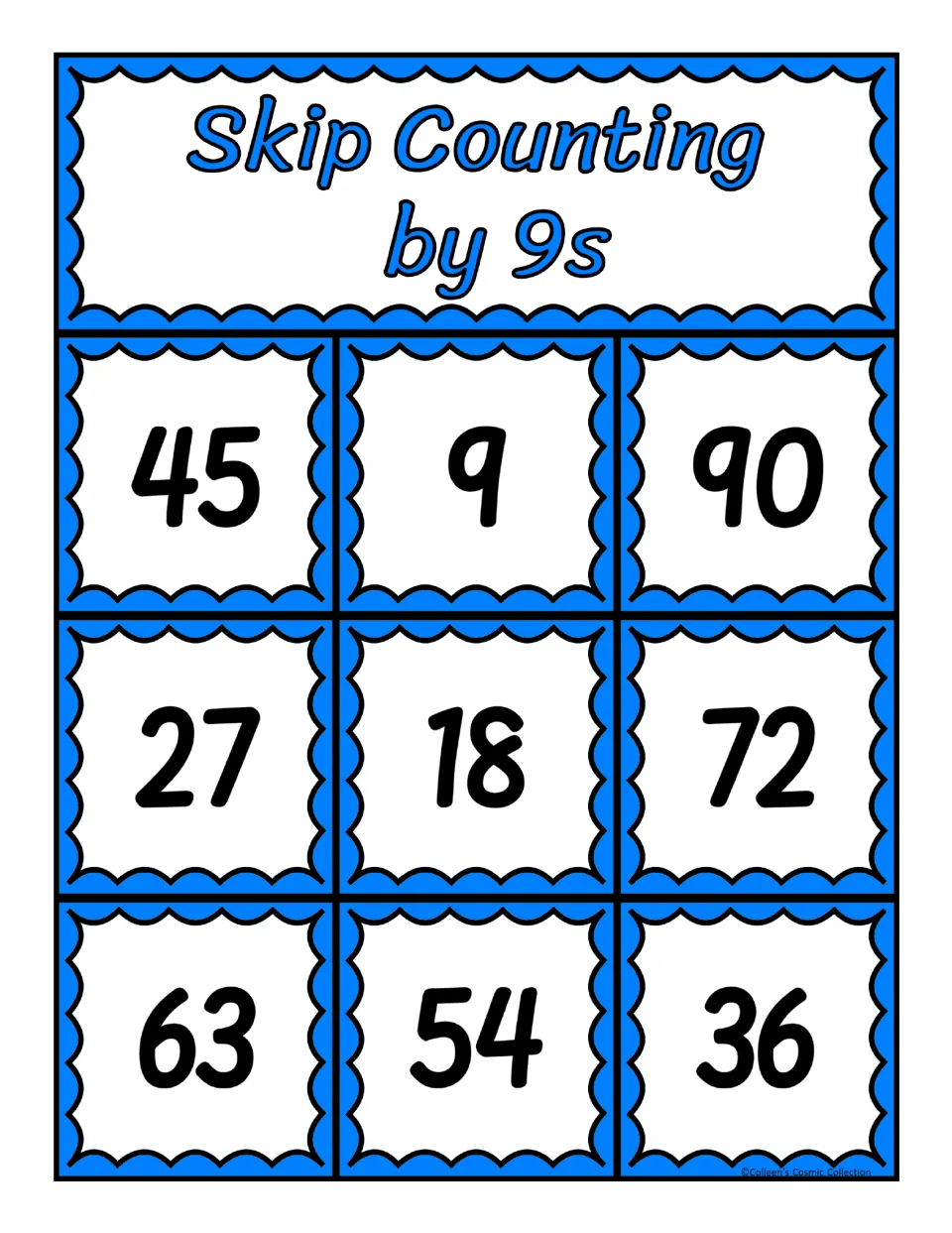 Fourth bingo board for counting by 9s, featuring 45, 9, 90, 27, 18, 72, 63, 54, and 36 for matching calls