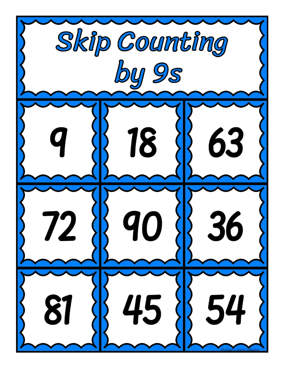 Fifth bingo board for counting by 9s, featuring 9, 18, 63, 72, 90, 36, 81, 45, and 54 for matching calls