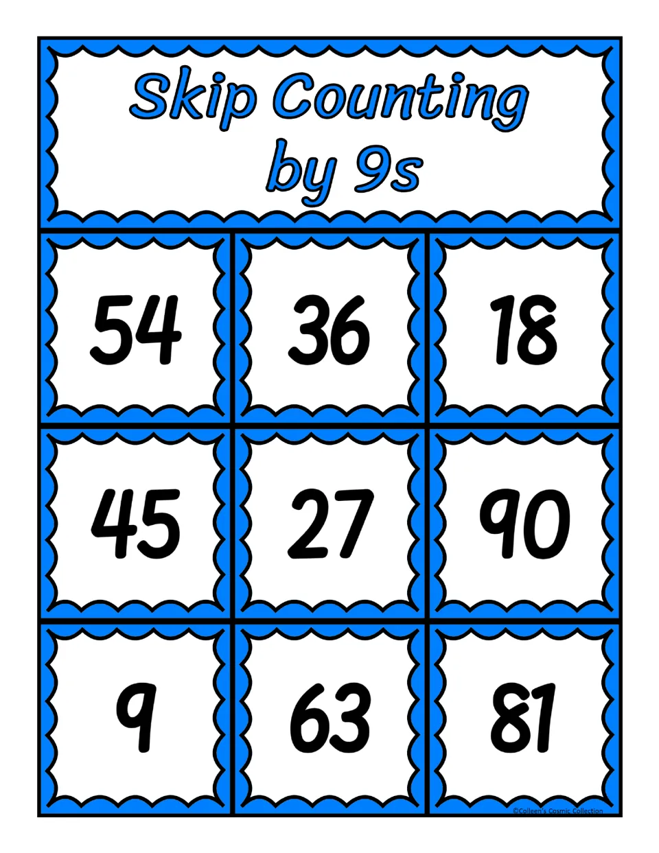 First bingo board for counting by 9s, featuring the numbers 54, 36, 18, 45, 27, 90, 9, 63, and 81