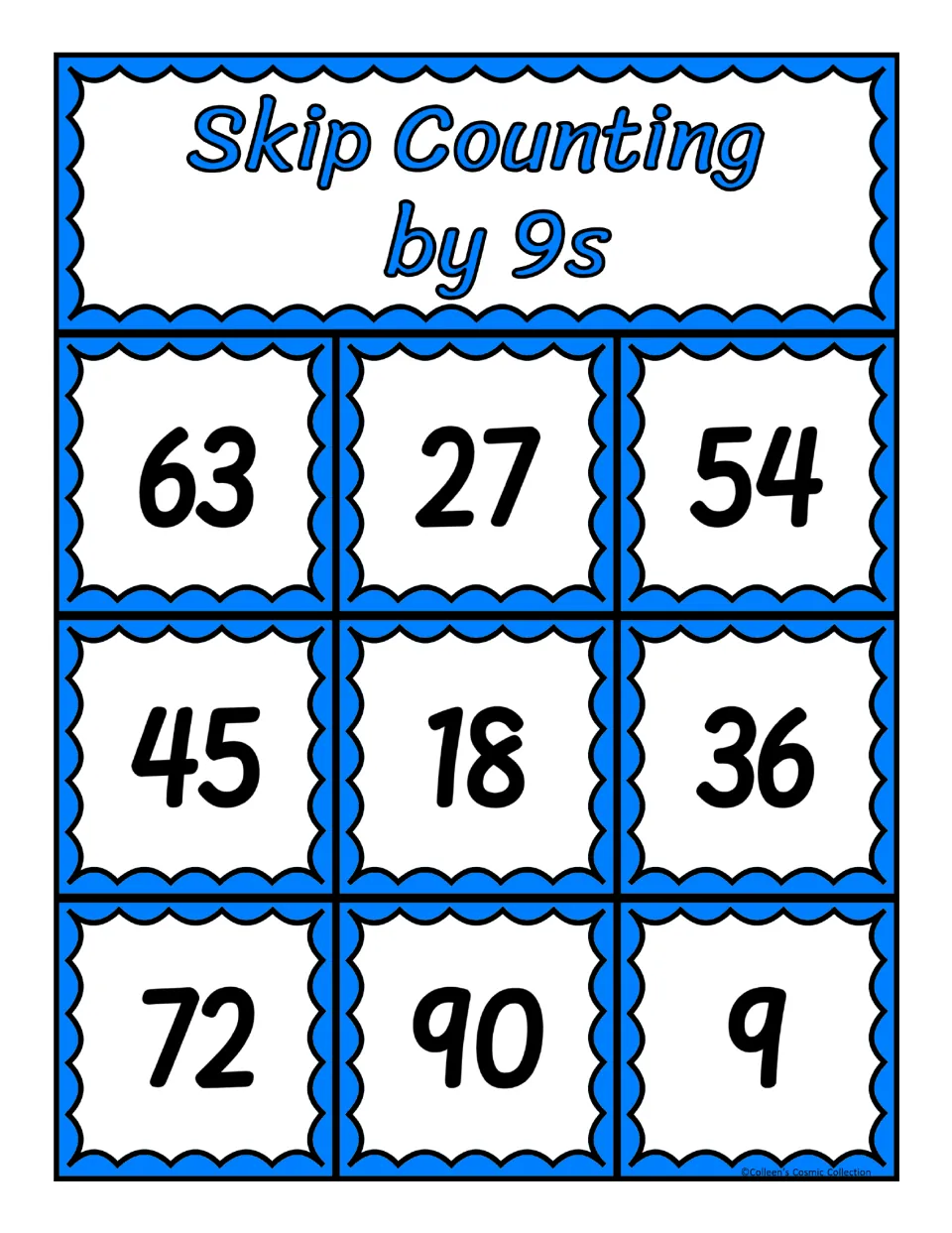 Second bingo board for counting by 9s, featuring the numbers 63, 27, 54, 45, 18, 36, 72, 90, and 9