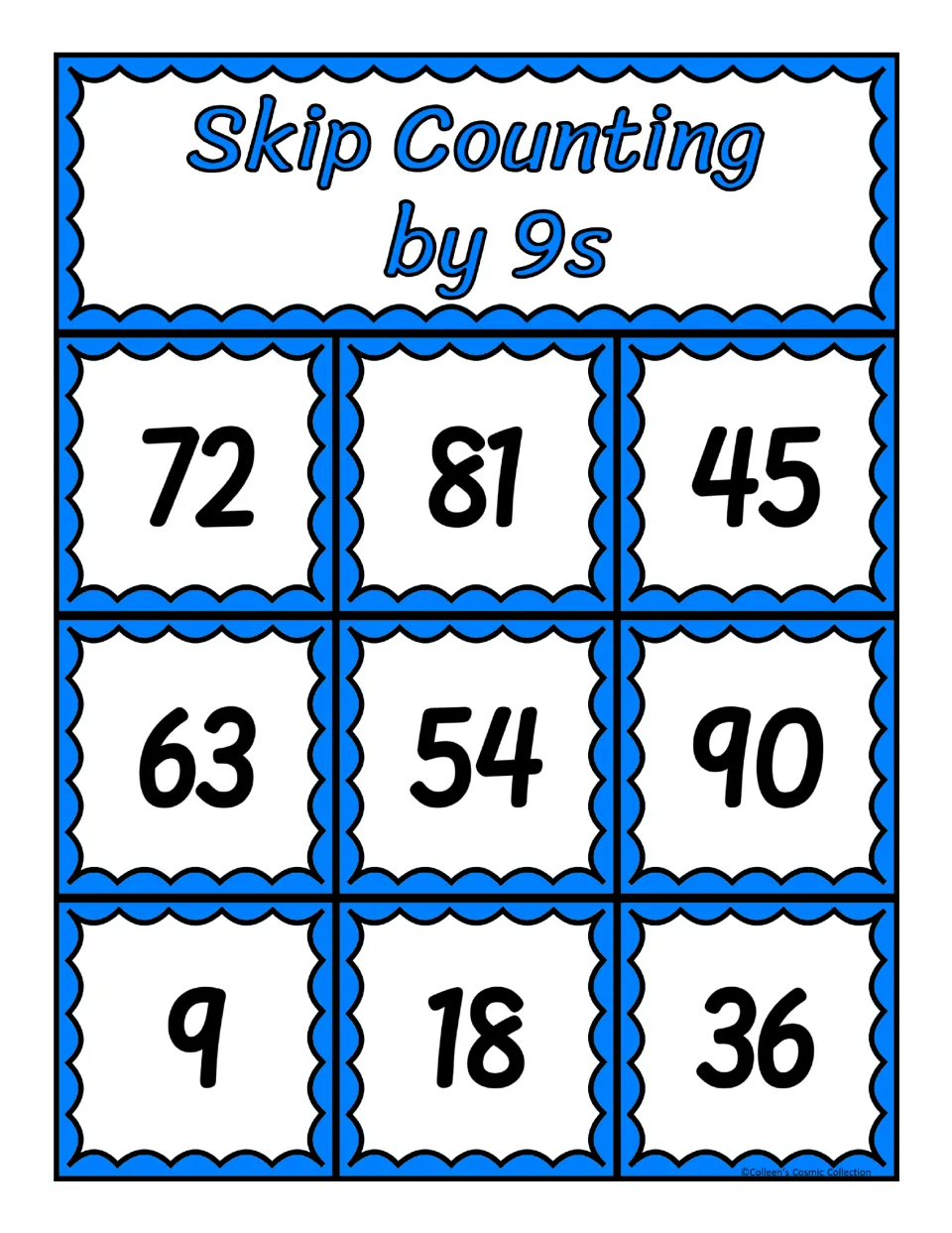 Third bingo board for counting by 9s, featuring the numbers 72, 81, 45, 63, 54, 90, 9, 18, and 36