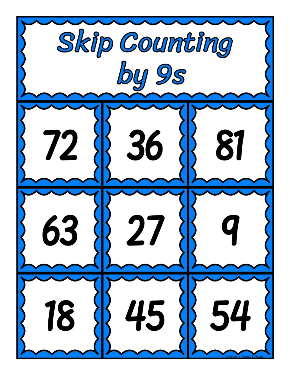 Fourth bingo board for counting by 9s, featuring the numbers 72, 36, 81, 63, 27, 9, 18, 45, and 54