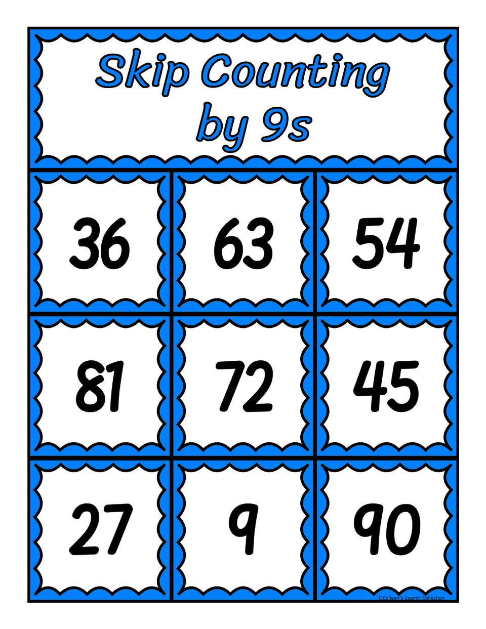 Fifth bingo board for counting by 9s, featuring the numbers 36, 63, 54, 81, 72, 45, 27, 9, and 90