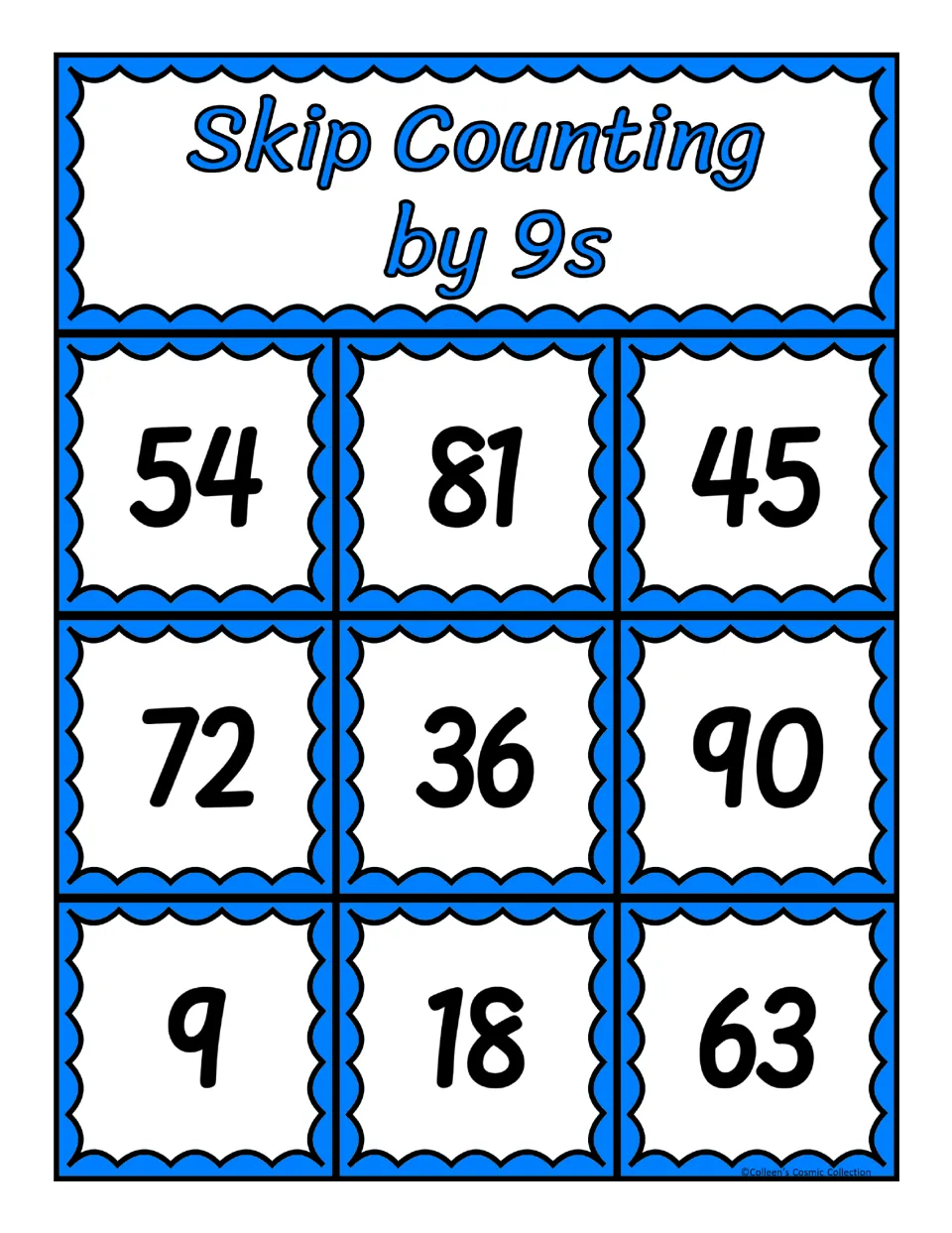First bingo board in the counting-by-9s set: 54, 81, 45, 72, 36, 90, 9, 18, and 63 for matching calling cards